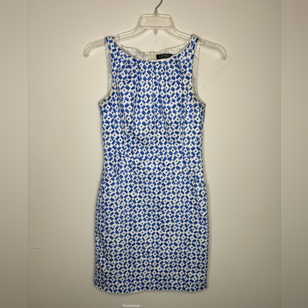 BN2 Ralph Lauren Blue White Geometric Sheath Dress Size 10